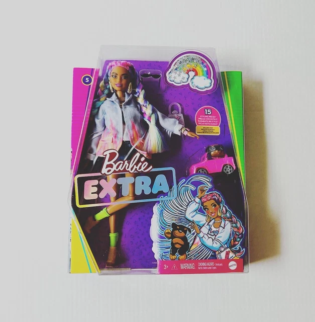 BARBIE EXTRA DOLL 5 in LongFringe Denim Jacket with Pet Puppy and Car