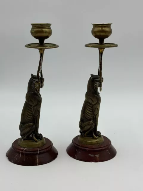Pair Antique Brass Figural Lion Protectors Statue Candlesticks Marble 2