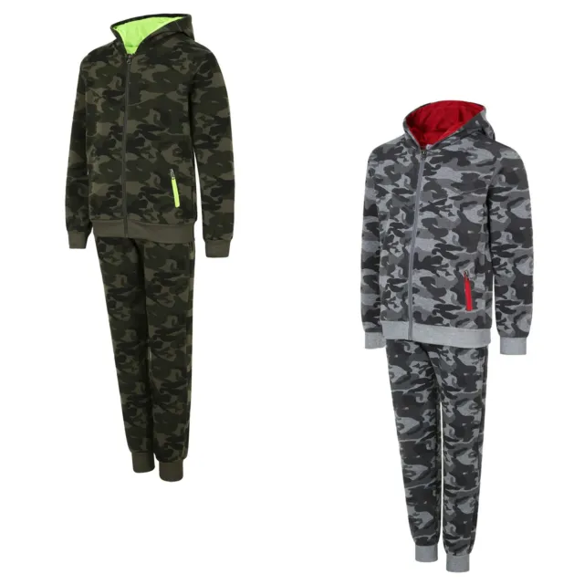 Kids Camo Tracksuit Contrast Detail Hooded Top Boys Girls Jogging Bottoms 5-16 Y