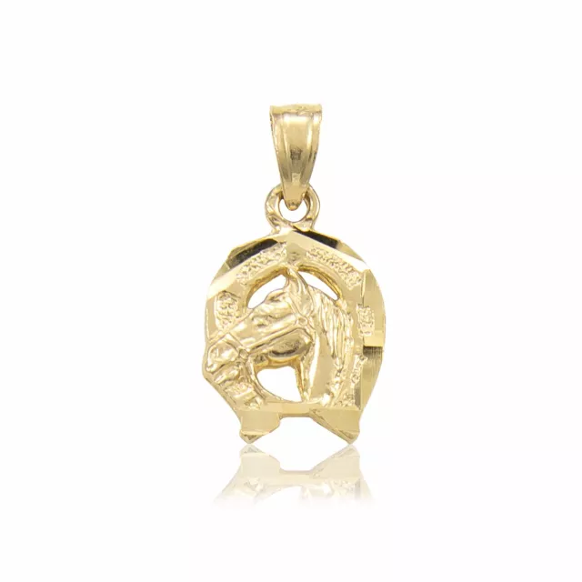 14K Solid Yellow Gold Horse Head Horseshoe Pendant - Good Luck Necklace Charm