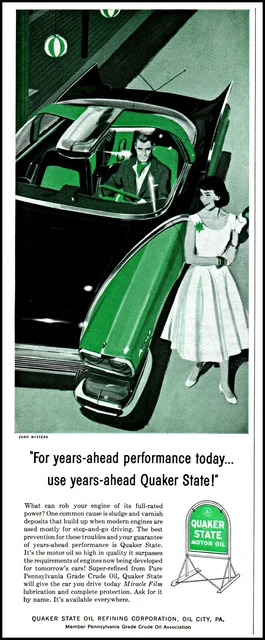 1956 Ford Mystere Concept Car Quaker State Motor Oil vintage art print ad  L18