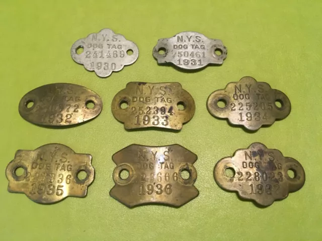 Vintage lot of 8  1930’s Dog Tag License Registration New York State NYS Lot 1/5