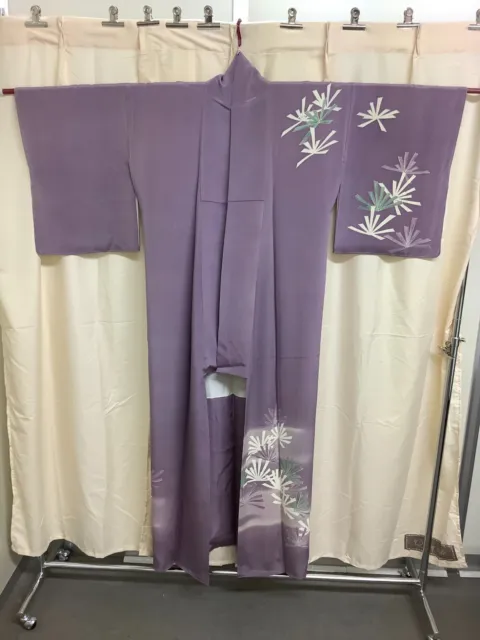 Japanese Vintage Kimono pure silk purple tradition length 63.38 inch used