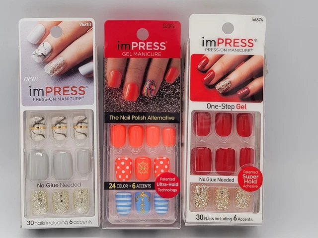 KISS imPRESS NAILS Press-On One-Step Gel Manicure ASSORTED (3X)