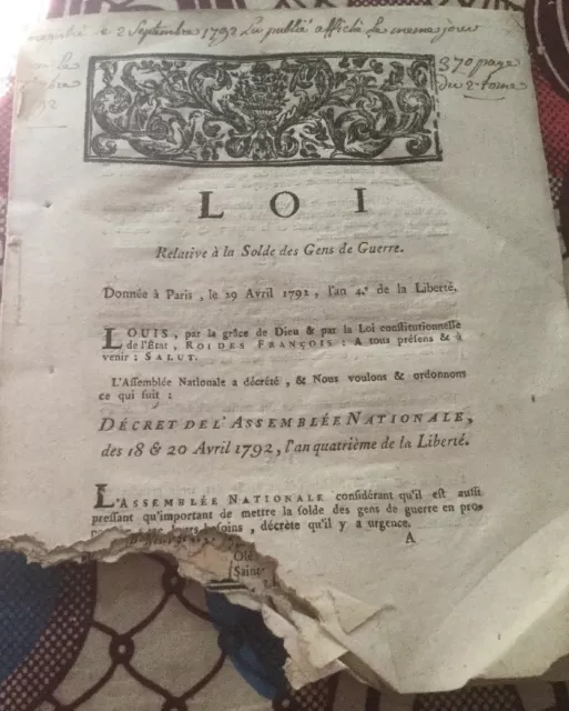 Loi Relative À La Rémunération Des Gens De Guerre.1792.