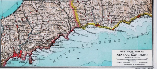 Nizza Nice Menton Monaco Bordighera 1930 orig. Atlas-Karte San Remo Ventimiglia
