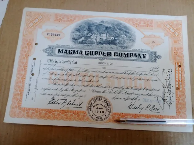 Magma Copper Company Old Share Certificate. Dated 1961