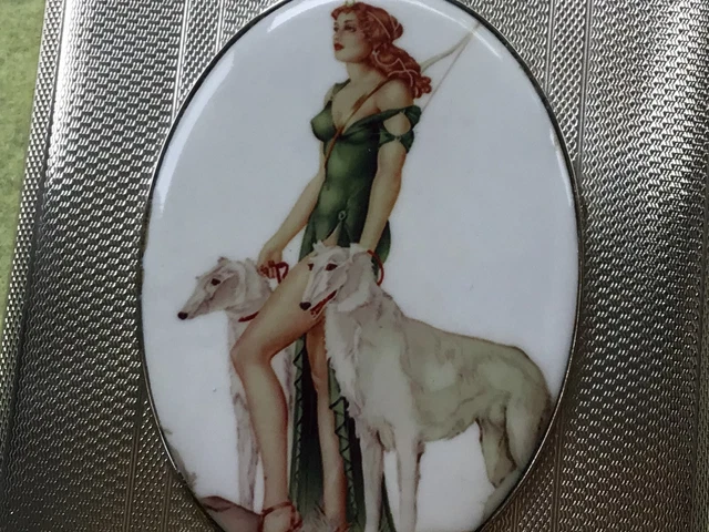 RARE Vintage Diana The Huntress Sterling Silver Enamel Cigarette Case Large