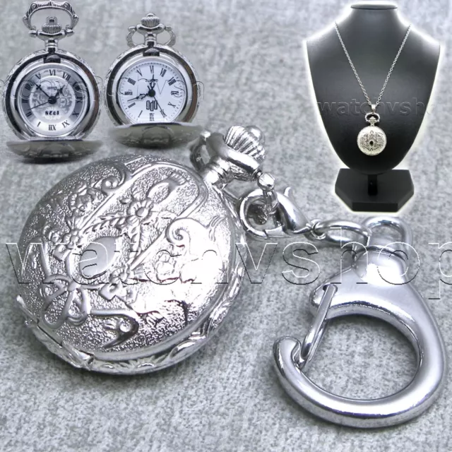 Silver Pocket Watch Pendant Watch Vintage 2 Ways with Key ring and Necklace L13