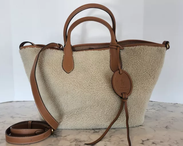 New RALPH LAUREN Shearling and Leather Large Tote Convertible Handbag 2