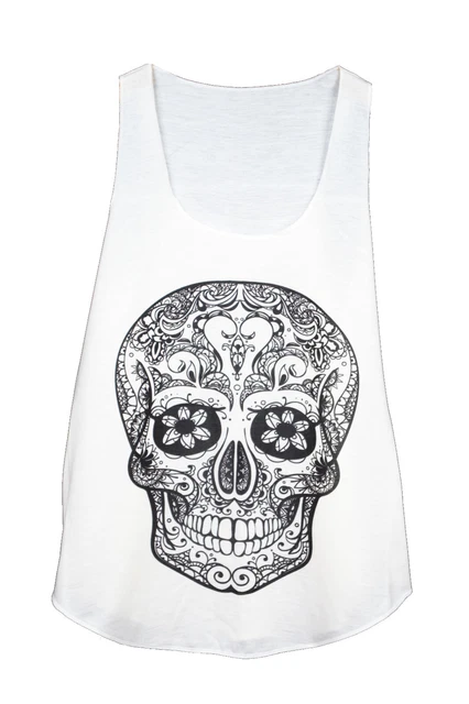 Débardeur Femme Dia De Los Muertos – Tête Mexicaine Sugar Skull Colorée Avec Fleurs Et Maquillage Calavera