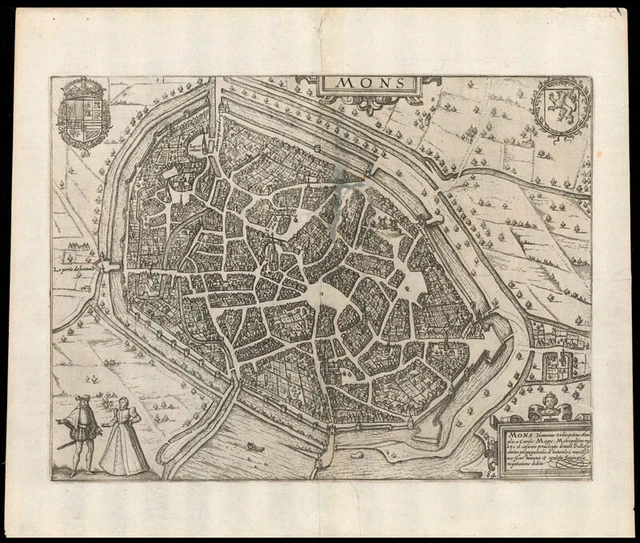 Belgien - Mons - Montes - Bergen  Kupferstich  Stadtplan Vogelperspektive  1650
