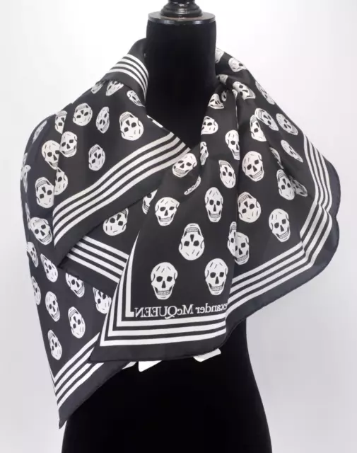 New Alexander McQueen 590929 Silk FO BIKER Border Trim Skull Scarf BLACK/WHITE