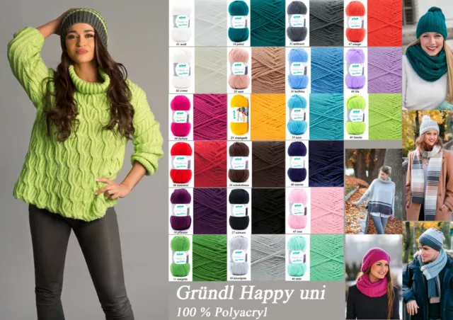 "Gründl Happy uni" 100g Universalgarn, weich, warm, Antipilling, kräftige Farben