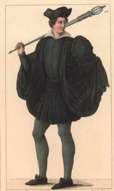 Gravure Couleur XIXe Bedeau Sacristain Roi Henri III Mode Costume Sacristan