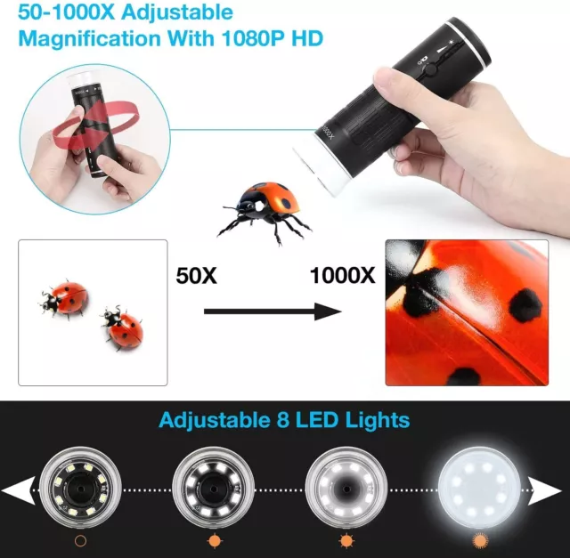 Microscope numérique sans fil, grossissement 50X-1000X, portable, wifi, USB 2