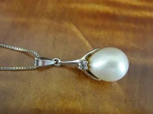 Faux Pearl Drop Pendant CZ accent Gold Vermeil over Sterling Silver 925 Necklace
