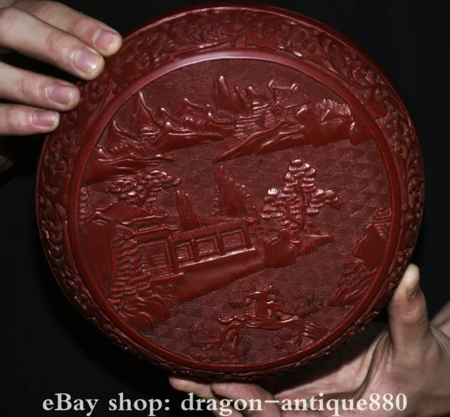 7.6” Qianlong Old Chinese Red Lacquerware Carving landscape Tree Jewelry Box