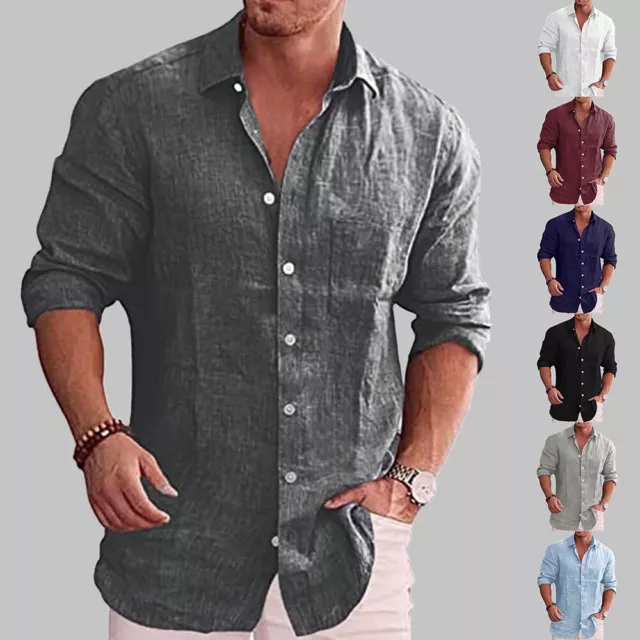 Mens Casual Turn Down Collar Long Sleeve T-shirt Solid Button Shirts Formal Tops