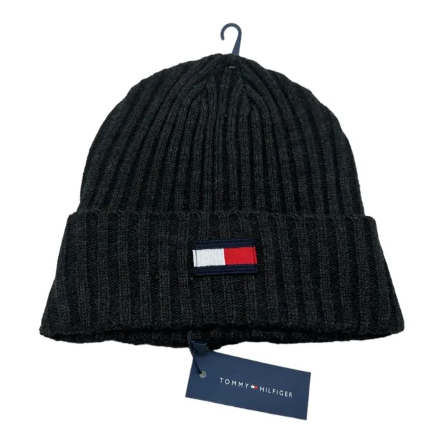 NWT Tommy Hilfiger Knit Cuffed Beanie Cap Hat Winter Gray Colorful Flag Men's
