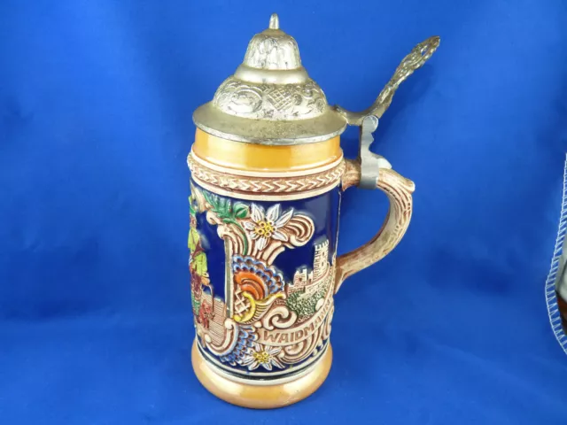 VINTAGE Stoneware Ceramic GERMAN BEER STEIN Pewter Lid Embossed Hunters Theme