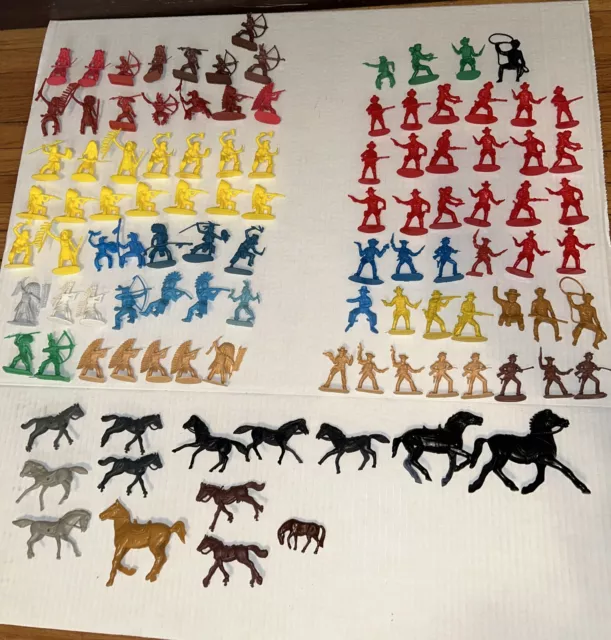 107 Piece Lot Of Vintage Plastic Figures Cowboys Indians & Horses