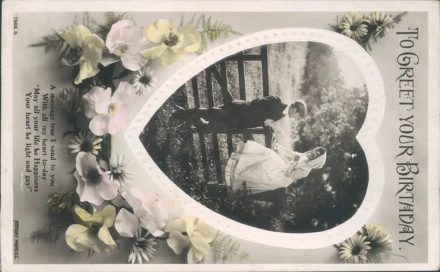 Real photo birthday message floral & man & woman on a gate rotary