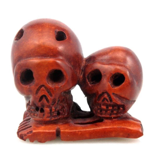 Japanese Boxwood Hand Carved Netsuke Sculpture 2 Skulls Skeletons #05242304