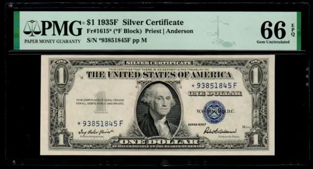 1935F $1 Silver Certificate STAR NOTE PMG 66 EPQ */F Block Fr# 1615* One Dollar
