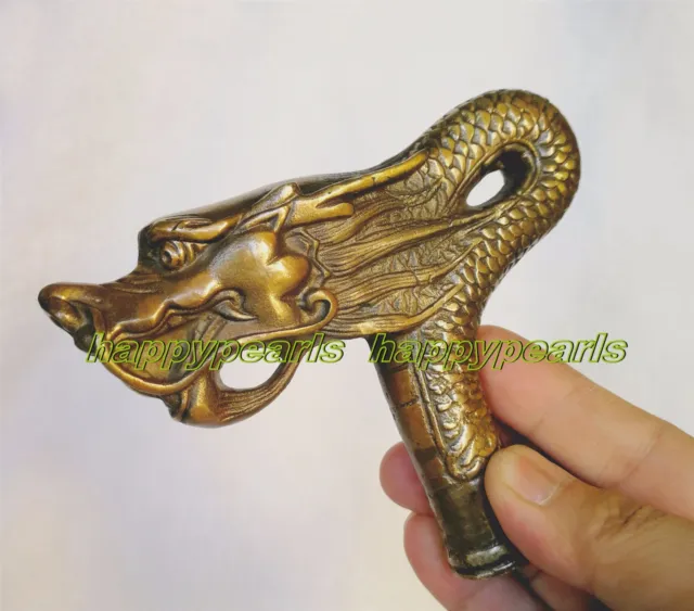 chinese Old Bronze Carving Dragon Collect Cane Walking Stick Head Statue