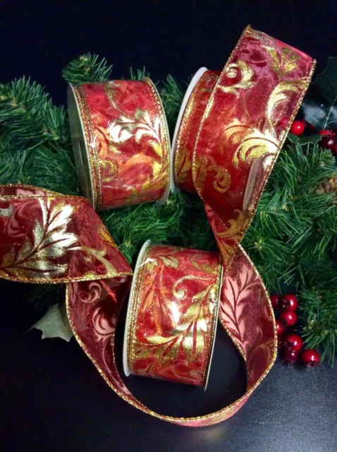 10yds CHRISTMAS RED & GOLD WIRED RIBBONS TREES WREATHS CRAFTS GIFTS BOWS 5cm