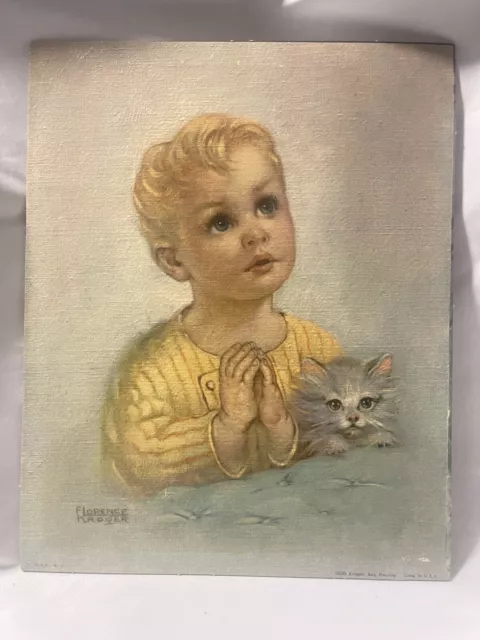 Florence Kroger Boy Praying With Kitten Vintage Art Lithograph Textured Print