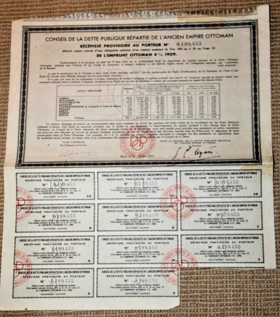 RARE Conseil dette publique ancien Empire Ottoman Emprunt 1909 1933 11 Coupons 1