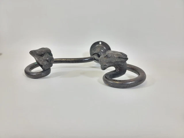 Antique Wrought Iron & Brass Washroom Towel Holder Hook Bracket - Panther / Lion 2