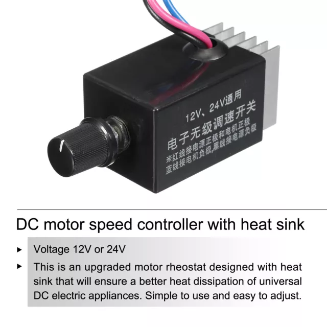 Universal DC Motor Speed Controller, DC 12v 24v Motor Rheostat with Heat Sink 3