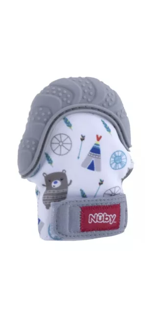 Nuby Soothing Teether Happy Hands Teething Mitten with Hygienic Travel Bag Gray