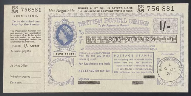 1958 QEII British Postal Order. One Shilling 1/- Unused Excellent