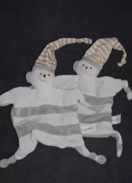 Lot 2 Doudou Ours Plat CREDIT MUTUEL Gris Blanc Rayé Taupe 4 Nœuds Etat NEUF