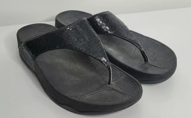 FitFlop Electra Sequin Womens Size 9 Black Slides Slipper Flip Flop Thong Sandal