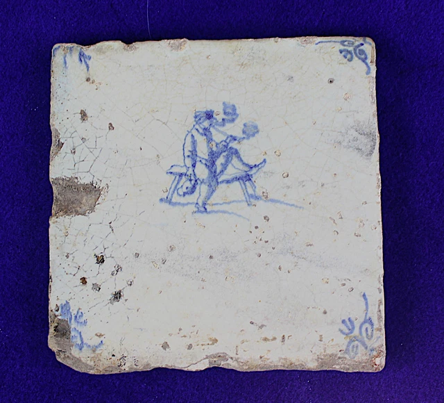 1700s Antique Dutch Delft Blue/White Drinking&Smoking Faience Tile #4