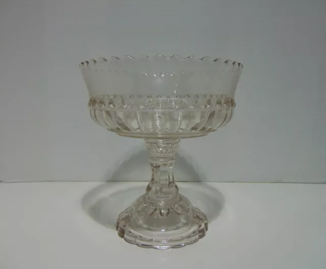Clear Glass Compote Scalloped Trim Thumbprint Pattern