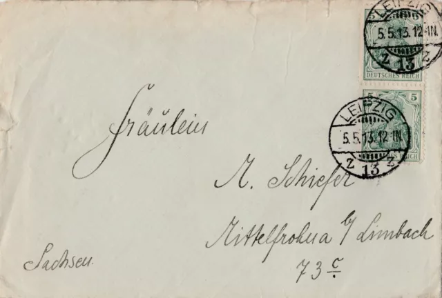 Briefumschlag Jahr 1913 verschickt von Leipzig nach Mittelfrohna bei Limbach 