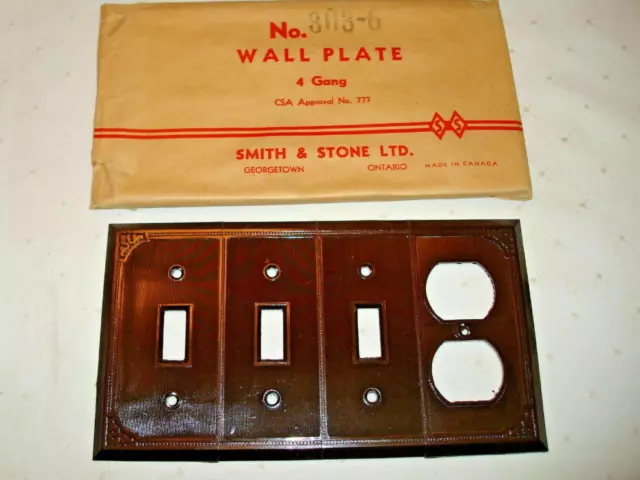 12 Vintage Smith & Stone Brown Bakelite Ribbed 4 Gang Combo Wall Plate 303-6 Nos