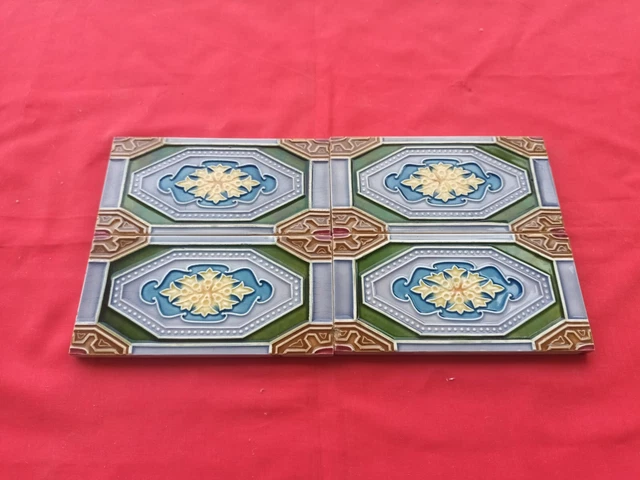 4 Piece Old Art Flower Design Embossed Majolica Ceramic Tiles Japan 0194 2