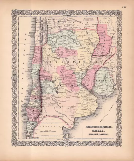 1855 Colton's Atlas Of The World-Map Of Argentina, Chile, Paraguay-Hand Colored