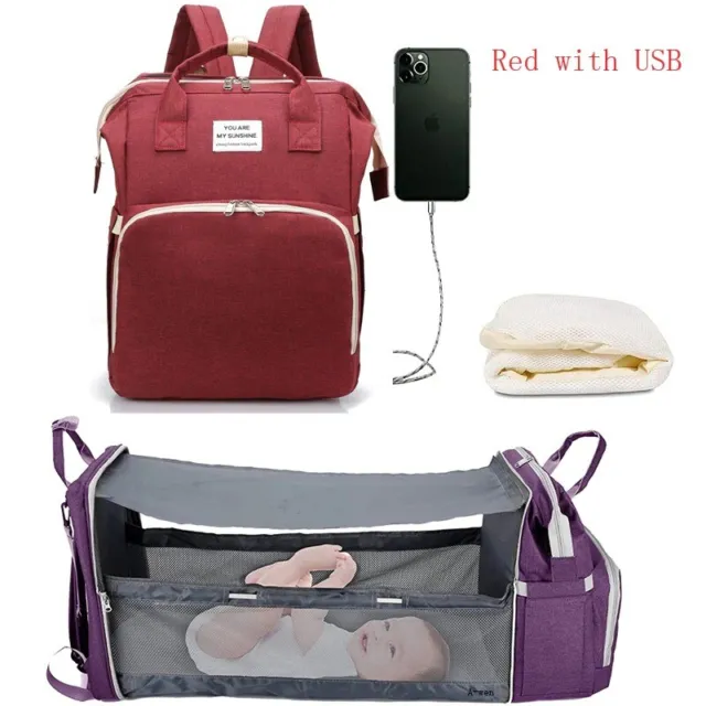 Baby Diaper Backpack Multi-Function Folding Bed Nappy Mummy USB Changing Pad Bag