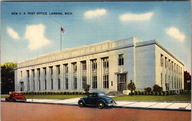 Lansing MI-Michigan, New U.S. Post Office Building, Period Cars Vintage Postcard