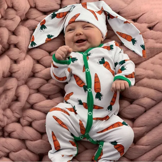 Infant Baby Boys&Girls Cartoon Carrot Print Rompers Jumpsuit+Rabbit Ears Hat Set