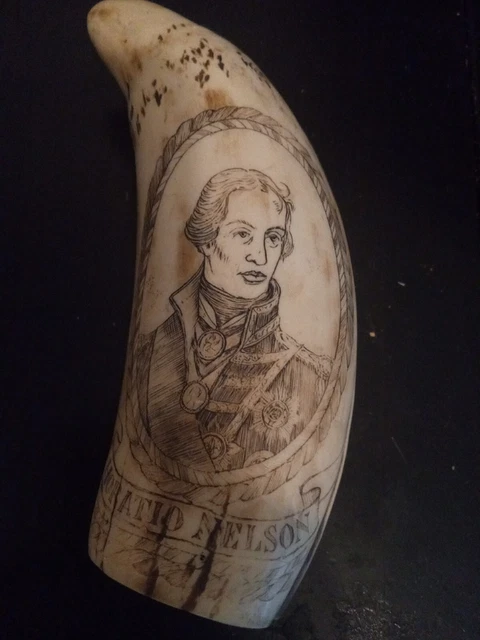 Faux Whale Tooth Scrimshaw Vice-Admiral Horatio Nelson & HMS Victory Replica