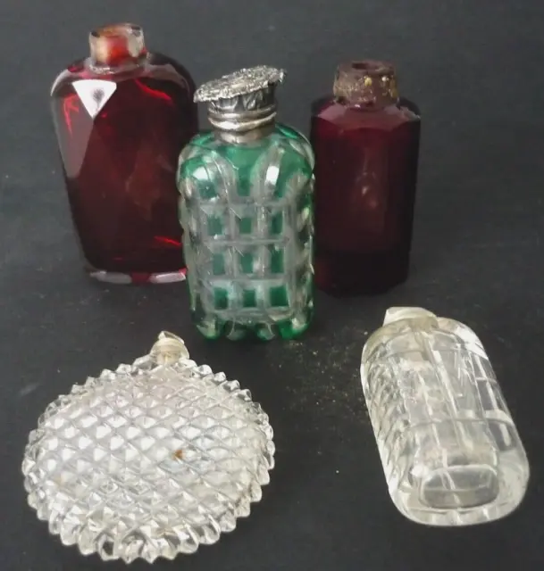 Antique Group Of Five Scent Bottles Inc. Green To Clear Glass Silver Hinged Top